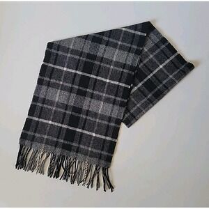 John Hanly Vintage 80s Lambswool Fringed Scarf Black Gray Plaid Flannel Academia